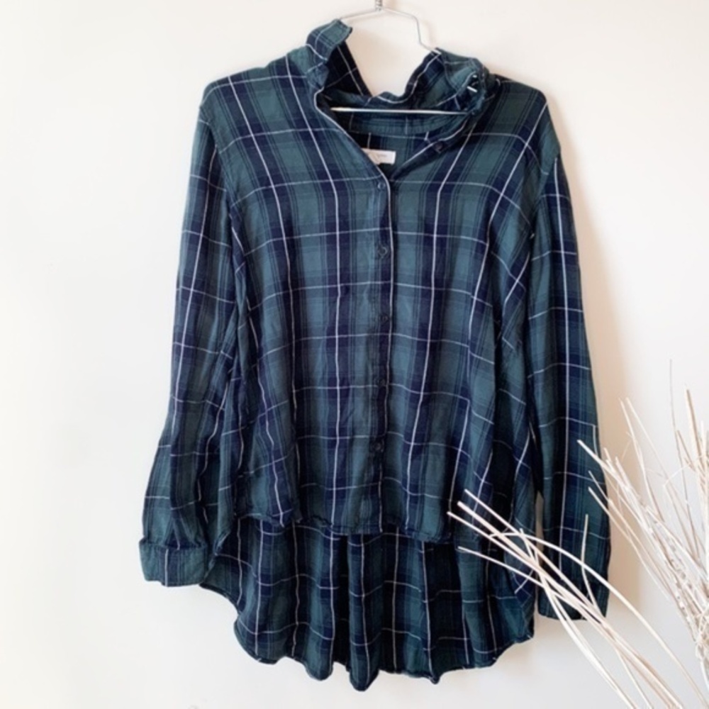 Beach Lunch Lounge Navy Green Plaid Top sz S